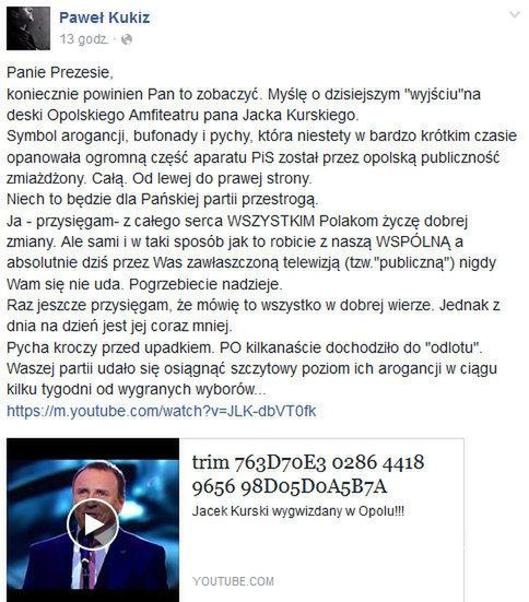 Paweł Kukiz skomentował aferę z Jackiem Kurskim na Festiwalu w Opolu