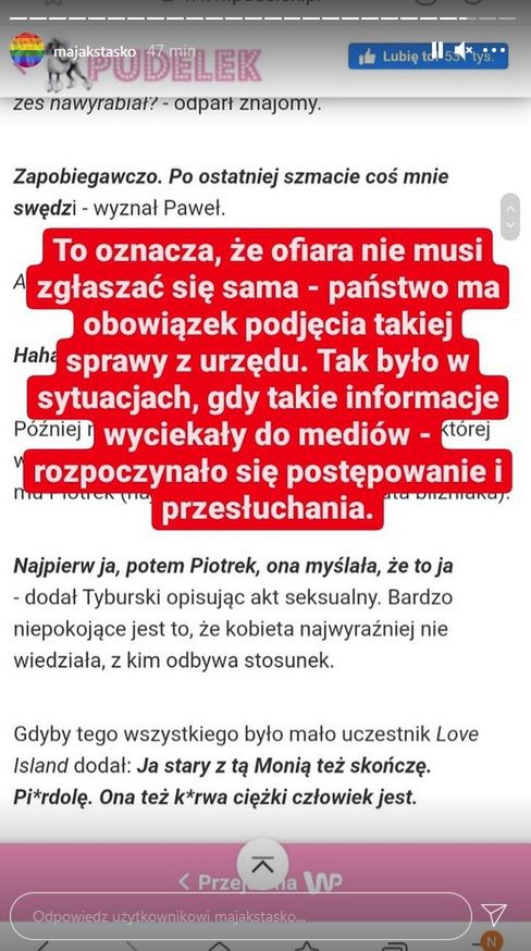 Maja Staśko sugeruje, że zachowanie  braci Tyburskich nosi znamiona gwałtu