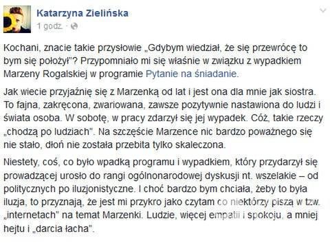 Katarzyna Zielińska o wypadku Marzeny Rogalskiej