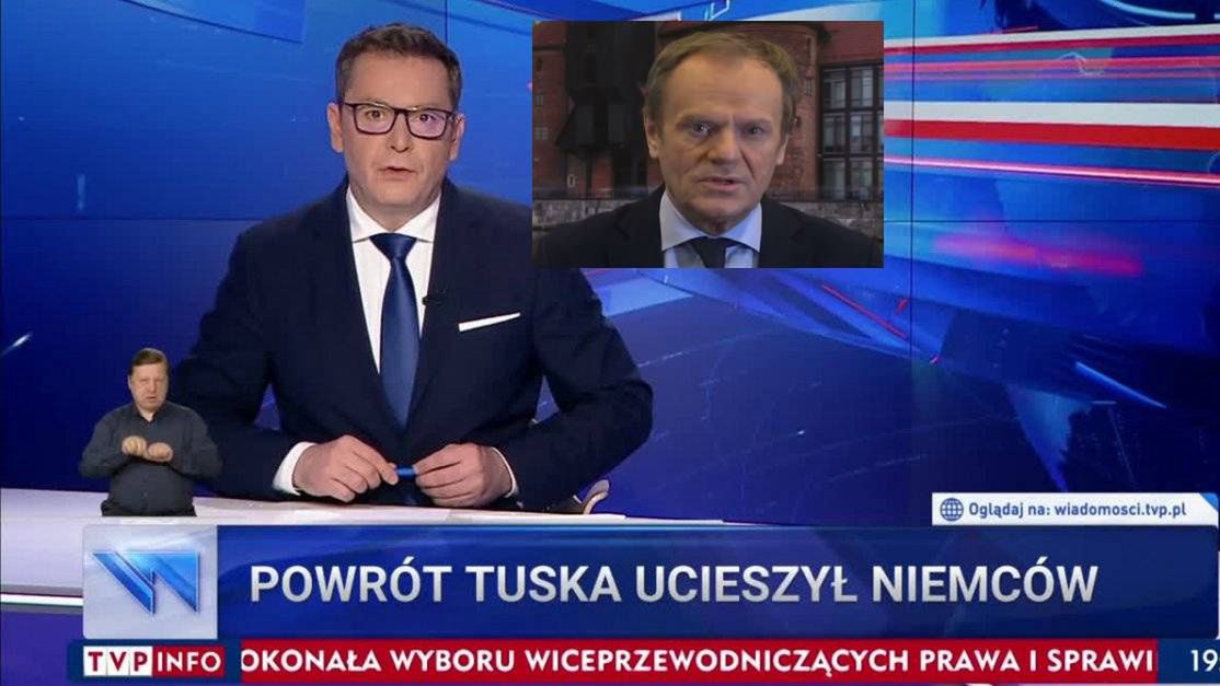 "Wiadomości" TVP notorycznie cytują wypowiedź Donalda Tuska w języku niemieckim