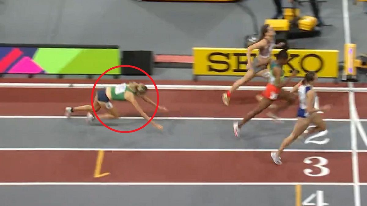 Twitter / sport_tvppl / Na zdjęciu: bieg na 1500 m podczas HMŚ 2024 w Glasgow (upadek Healy)