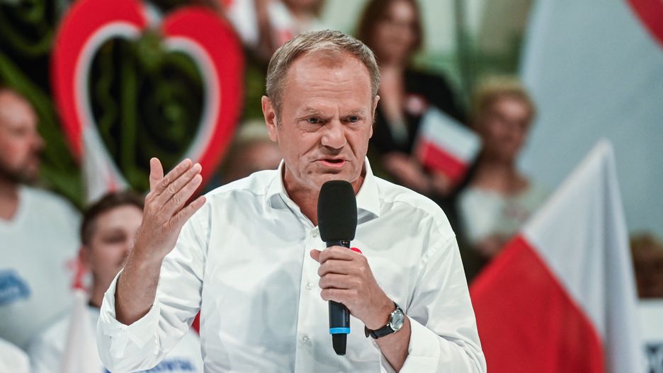 LODZ, POLAND - OCTOBER 10: The Leader of Civic Coalition Party, Donald Tusk delivers a speech during the Women for Elections Campaign rally on October 10, 2023 in Lodz, Poland. Donald Tusk, leader of Poland's Civic Platform party joins an initiative with female MP's campaigning for women's rights, and encouraging them to vote in the upcoming elections. Parliamentary elections will be held in Poland on 15 October 2023 to elect members of the lower house of parliament and Senate. (Photo by Omar Marques/Getty Images)