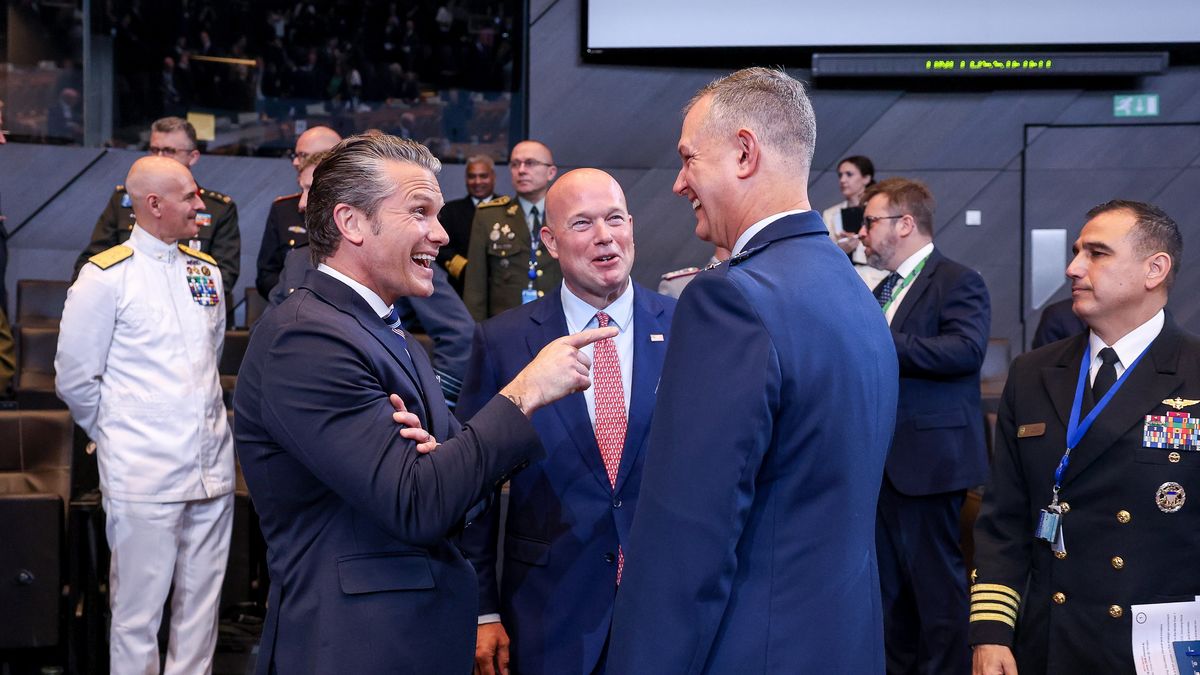 BRUSSELS, BELGIUM - JUNE 18: US Secretary of Defence Pete Hegseth (L) speaks with US Permanent Representative to NATO Matthew Whitaker (C) and General Alexus G. Grynkewich, Supreme Allied Commander Europe (SACEUR) (R) before the meeting of North Atlantic Council in Defense Ministers during the NATO defence ministers' meeting at the NATO headquarters on June 18, 2026 in Brussels, Belgium. NATO Secretary General Mark Rutte has said the priority for Thursday's meeting is to demonstrate "building a stronger Europe in a stronger NATO." The meeting comes following this week's G7 Leader's Summit in France, where the group reaffirmed it's solidarity with Ukraine, agreeing to increase defence support. (Photo by Omar Havana/Getty Images)
