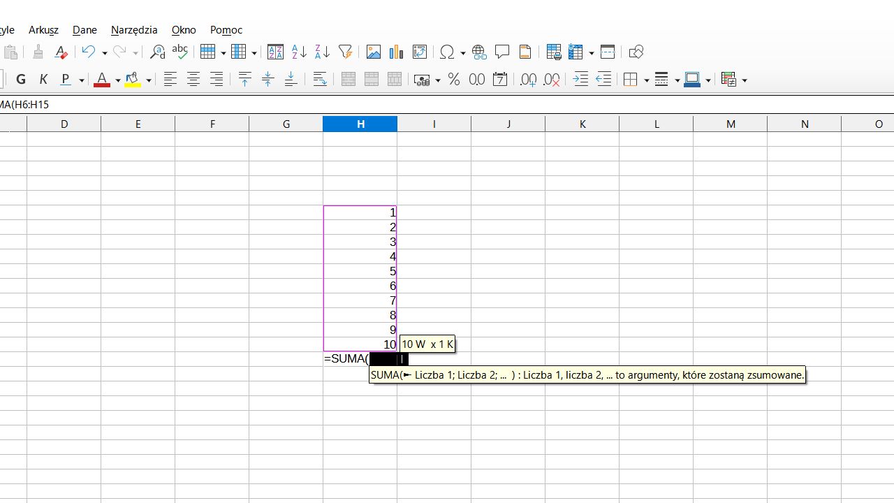 LibreOffice Calc: sumowanie "z palca"