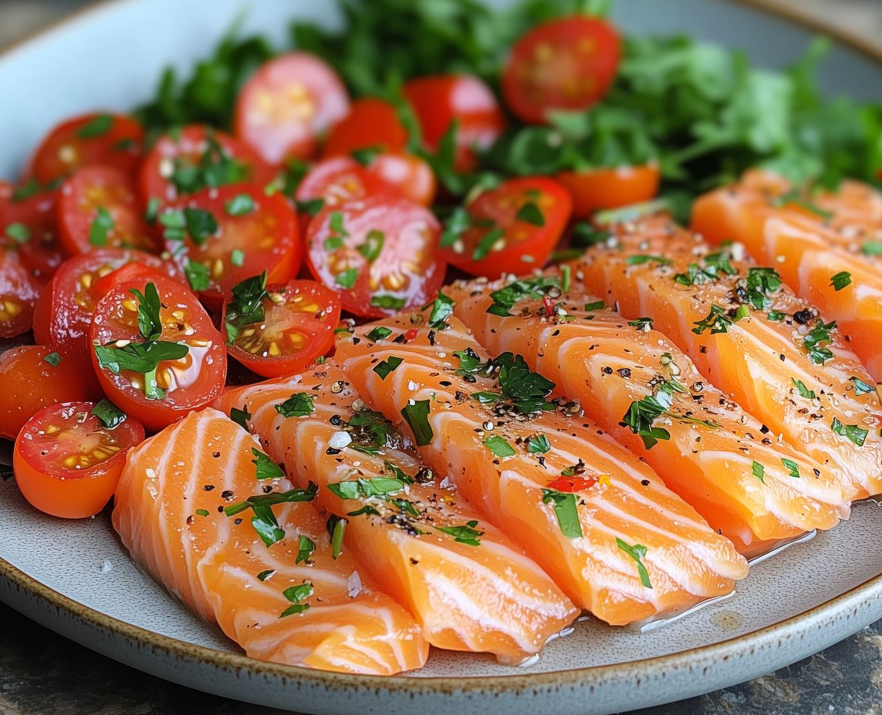 Gravlax z pomidorkami i natką pietruszki