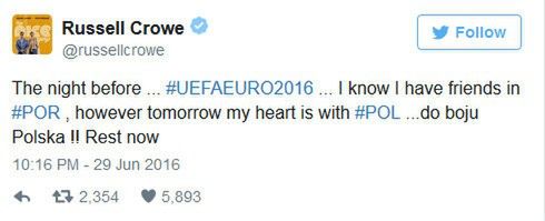 Russell Crowe będzie kibicować Polakom podczas meczu z Portugalią