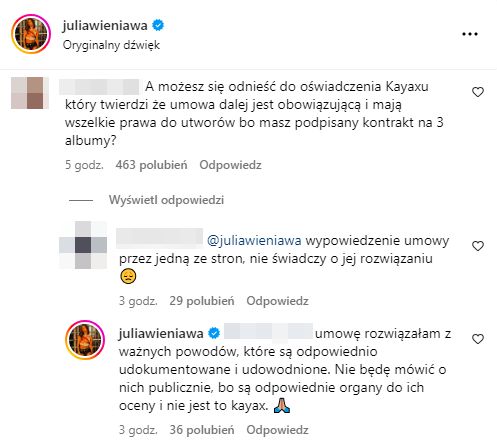 Julia Wieniawa odpowiada na komentarze
