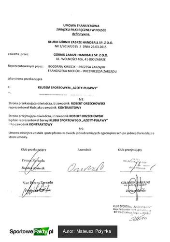 Umowa Roberta Orzechowskiego z podpisami przedstawicieli zainteresowanych stron