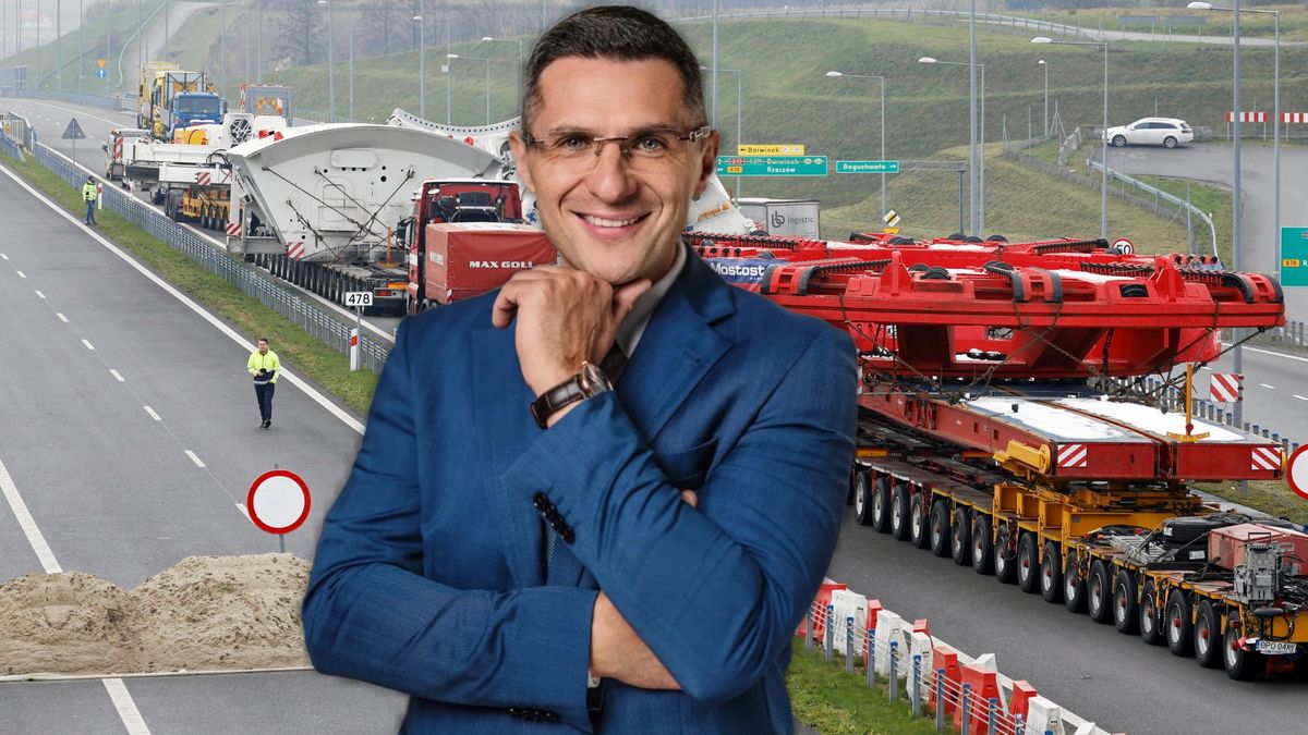 Łukasz Chwalczuk, w tle transport TBM "Karpatka"