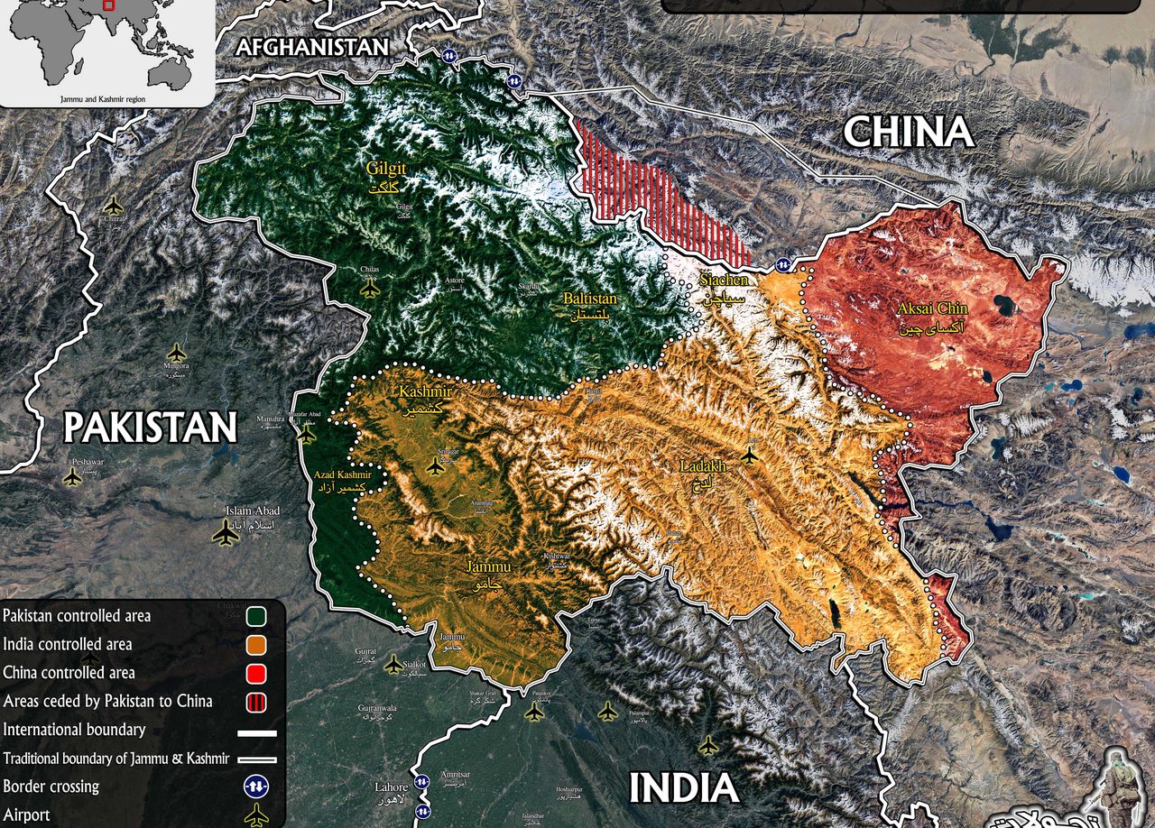 Karte von Kaschmir, teilweise kontrolliert von Pakistan (grüne Farbe), Indien (orange Farbe) und China (rote Farbe)