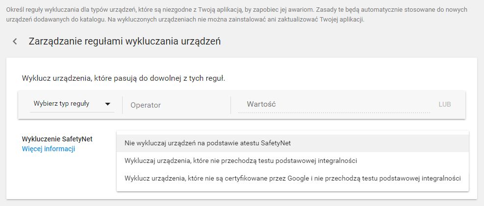 Nowe opcje w Konsoli Programisty Google Play pozwolą na zarządzanie wykluczeniami SafetyNet