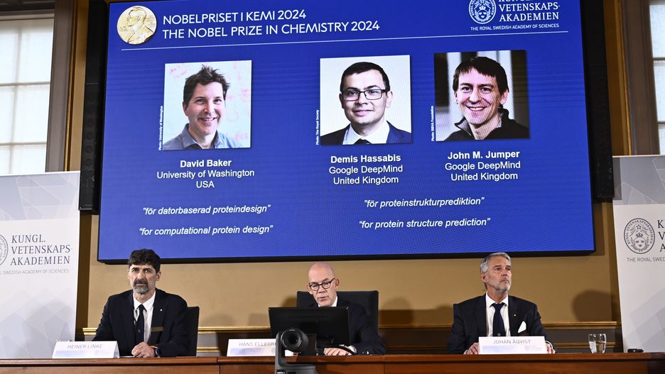 (L-R) Chairman of the Nobel Committee for Chemistry Heiner Linke, Secretary General of the Royal Swedish Academy of Sciences Hans Ellegren, and member of the Nobel Committee for Chemistry Johan Aqvist announce the winners of the 2024 Nobel Prize in Chemistry, at the Royal Swedish Academy in Stockholm, Sweden, 09 October 2024. The Royal Swedish Academy of Sciences has decided to award the Nobel Prize in Chemistry 2024 to David Baker (University of Washington, USA) for computational protein design, and to Demis Hassabis (Google DeepMind, UK) and John M Jumper (Google DeepMind, UK) for protein structure prediction, the Nobel statement says. EPA/Christine Olsson/TT SWEDEN OUT Dostawca: PAP/EPA.