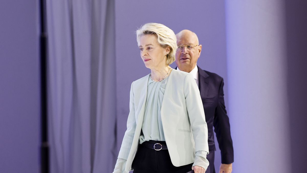 Ursula von der Leyen, president of the European Commission, arrives to deliver a special address alongside Klaus Schwab, executive chairman of the World Economic Forum (WEF), right, on the opening day of the World Economic Forum (WEF) in Davos, Switzerland, on Tuesday, Jan. 16, 2024. The annual Davos gathering of political leaders, top executives and celebrities runs from January 15 to 19. Photographer: Stefan Wermuth/Bloomberg via Getty Images