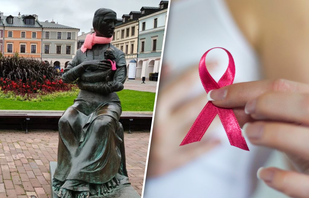 Zamość: Różowe szaliki na rzeźbach. To przypomnienie o profilaktyce i czujności onkologicznej
