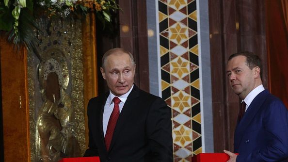 MOSCOW, RUSSIA - APRIL 8: (RUSSIA OUT) Russian President Vladimir Putin (L) and Prime Minister Dmitry Medvedev (R) attend the Orthodox Easter service in the Christ the Saviour Cathedral in Central Moscow, Russia, April 8, 2018. (Photo by Mikhail Svetlov/Getty Images)
Mikhail Svetlov