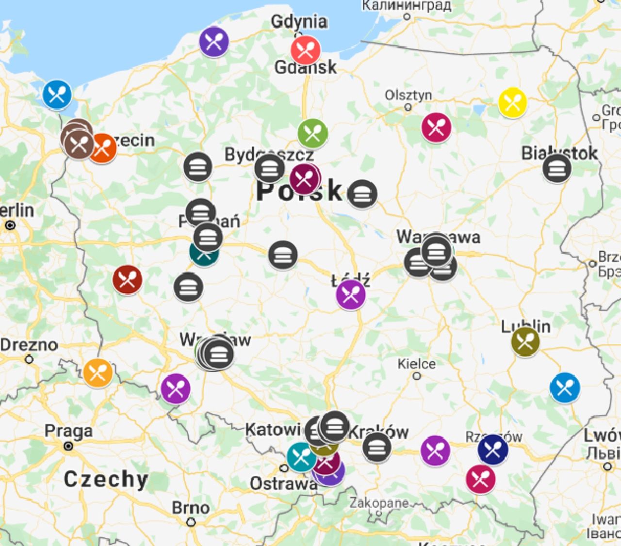 Mapa jadłodzielni foosharingowych w Polsce. 