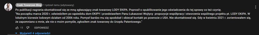 Komentarz Romana z Krakowa, który zgłosił znak towarowy "Lody Ekipa"