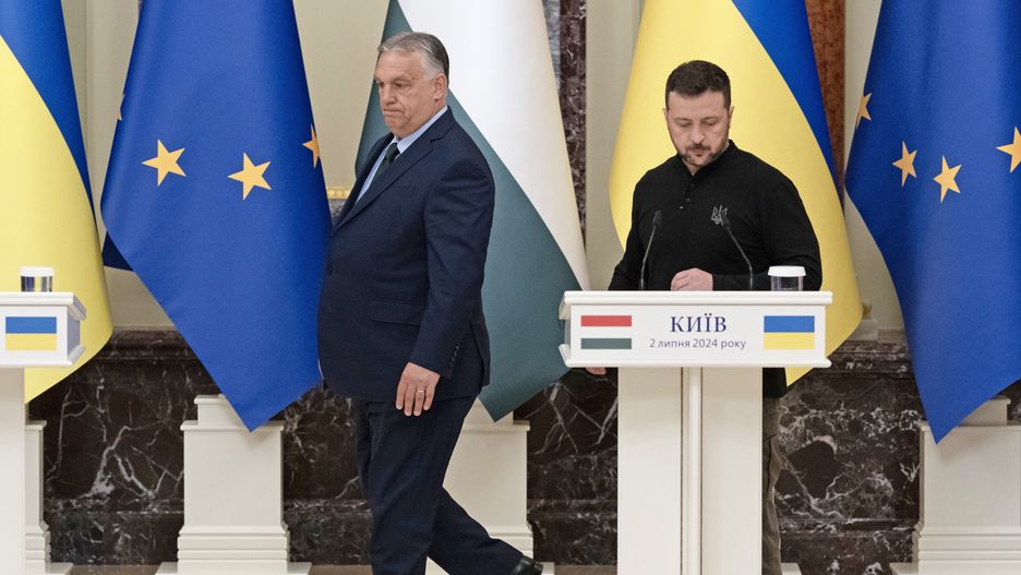 Viktor Orban, Hungary's prime minister, left, and Volodymyr Zelenskiy, Ukraine's president, attend a news conference in Kyiv, Ukraine, on Tuesday, July 2, 2024. After years in which Budapest maintained ties with the Kremlin and stalled aid to the war-battered country, Orban held talks with Zelenskiy in the Ukrainian capital on Tuesday. Photographer: Andrew Kravchenko/Bloomberg via Getty Images