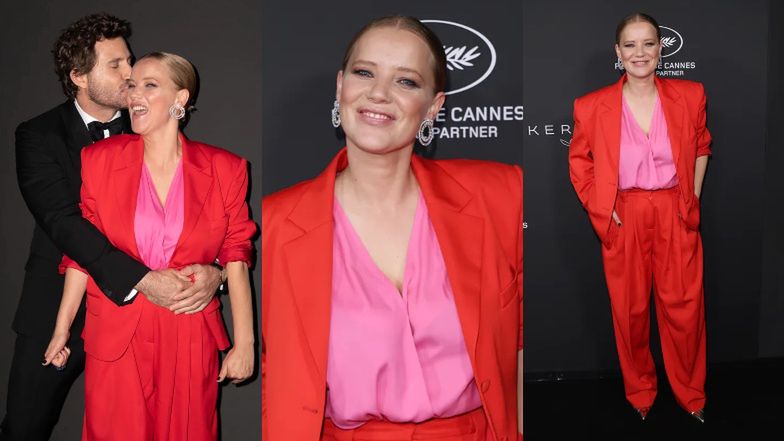 Joanna Kulig w Cannes zadaje szyku w czerwonym garniturze od polskiej projektantki (ZDJĘCIA)