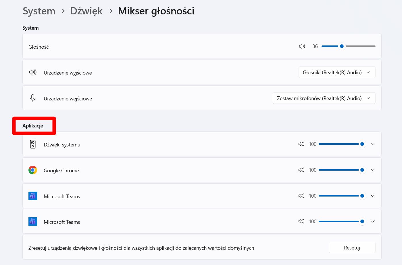 Ustawienia dźwięku w Windows 11