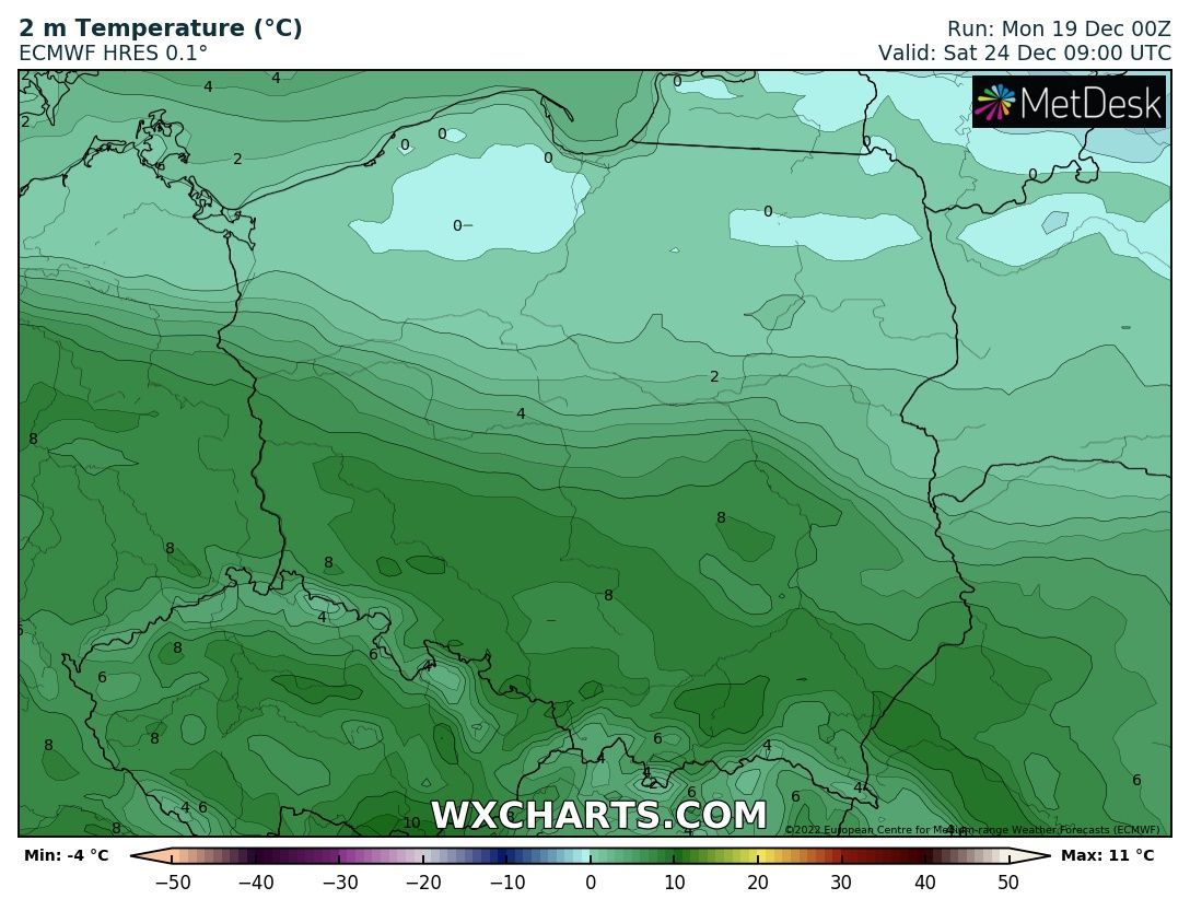 Prognozowany zakres temperatury - 24 grudnia 2022, godzina 8:00