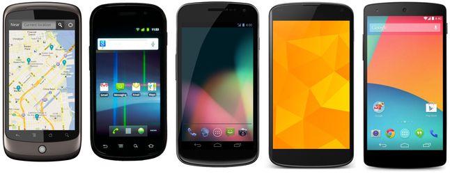 Od lewej: Nexus One (HTC), Nexus S (Samsung), Galaxy Nexus (Samsung), Nexus 4 (LG), Nexus 5 (LG)