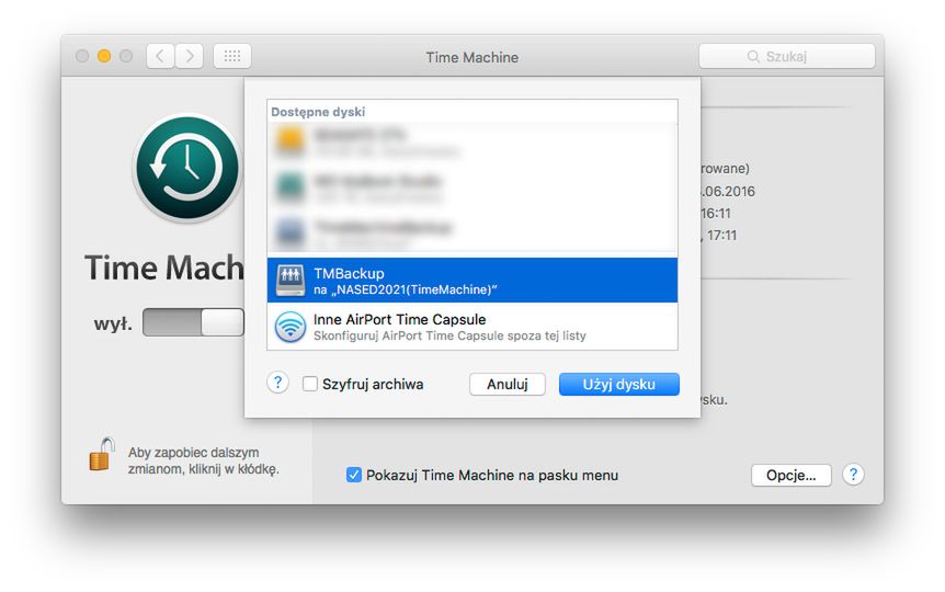 Interferes Time Machine jest bardzo prosty. Wystarczy wybrać odpowiedni wolumin do archiwizacji.