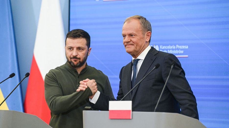 Ukrainian President Zelenskyy visits Poland ahead of NATO Summit
WARSAW, POLAND - JULY 08: Poland's Prime Minister, Donald Tusk and the president of Ukraine, Volodymyr Zelensky attend a press conference after signing a cooperation agreement on the security field  at the Chancellery of the Prime Minister on July 08, 2024 in Warsaw, Poland. Ukrainian President visit to Warsaw, comes a day before of the NATO summit in the US as he seeks to secure more support and aid in the War against Russia. (Photo by Omar Marques/Anadolu via Getty Images)
Anadolu
zelenskyy