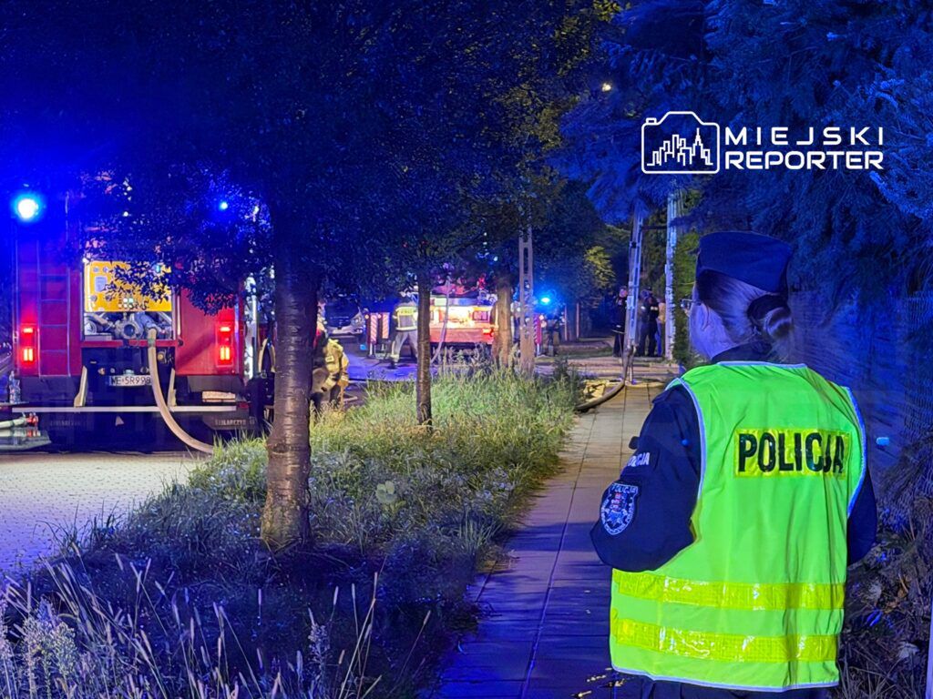 Policjantka w kamizelce odblaskowej obserwuje akcję ratunkową przy wozach strażackich oświetlonych niebieskimi światłami.