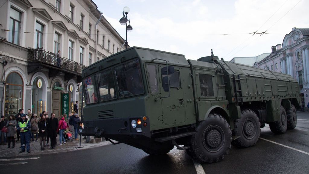 Rehearsal for Victory Day parade in St. PetersburgA Iskander-M Tactical Ballistic Missile System travels to take part in a rehearsal for the Victory Day military parade which will take place at Dvortsovaya (Palace) Square on May 9, in St.Petersburg, Russia, Thursday, April 27, 2017. (Photo by Igor Russak/NurPhoto via Getty Images)NurPhotoNurPhoto, General News, April 27, 2017, 27th April 2017, Saint Petersburg, Russia, People, Military, Victory Day Russia, Parade, Army, City, Saint Petersburg Victory Day, Preparation