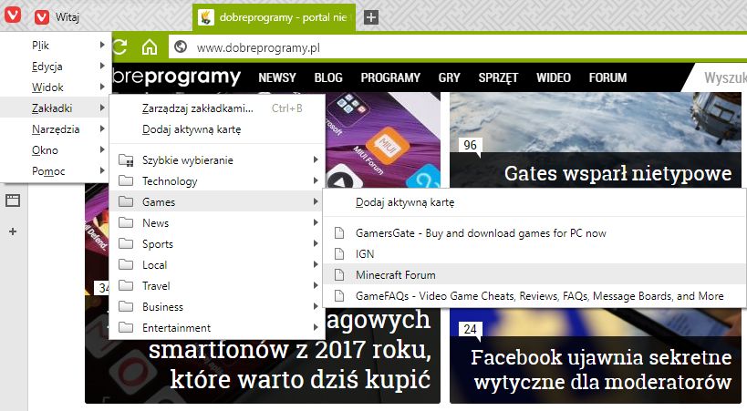 Dostęp do zakładek z menu głównego.