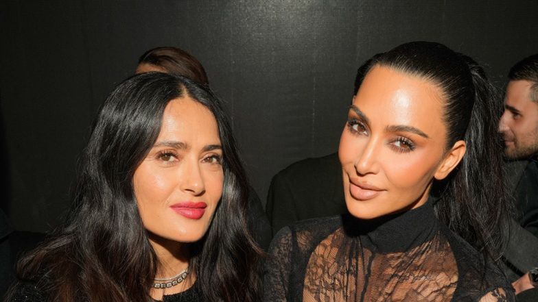 Elegancka Kim Kardashian z Salmą Hayek u boku bryluje na pokazie Balenciagi w Paryżu (ZDJĘCIA)