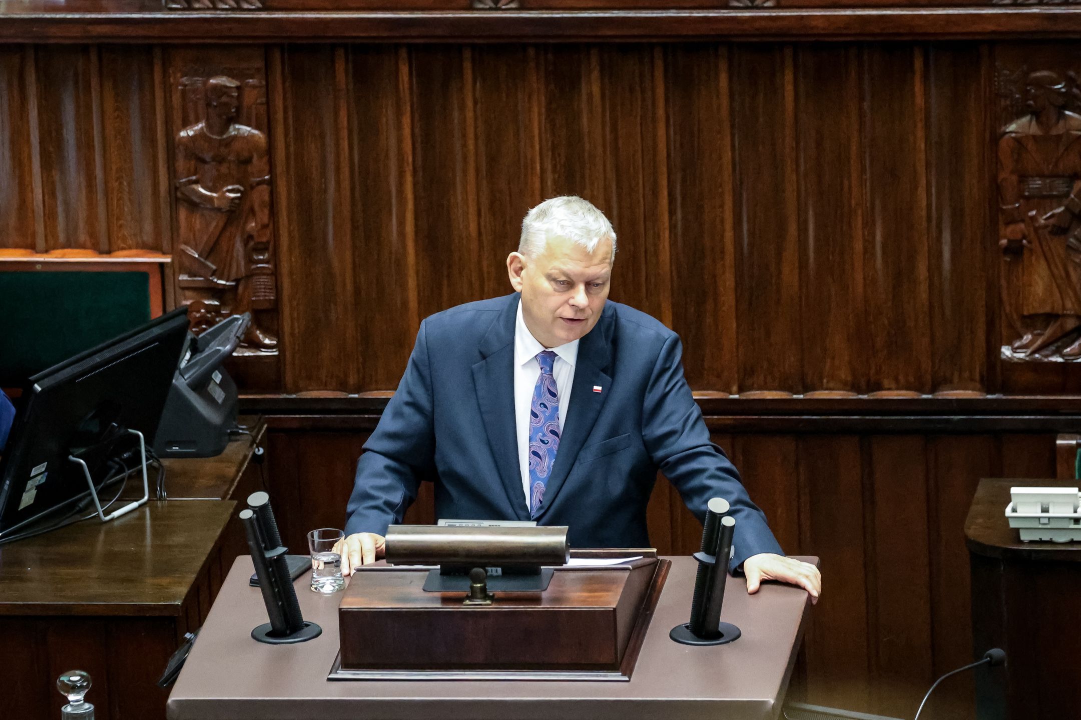 WARSAW, POLAND - 2024/04/24: Marek Suski of Polish Parliament attends the 10th session of Polish Parliament in the Parliament building on Wiejska Street. The parliament discusses controversial issues of the rule of law. (Photo by Dominika Zarzycka/SOPA Images/LightRocket via Getty Images)