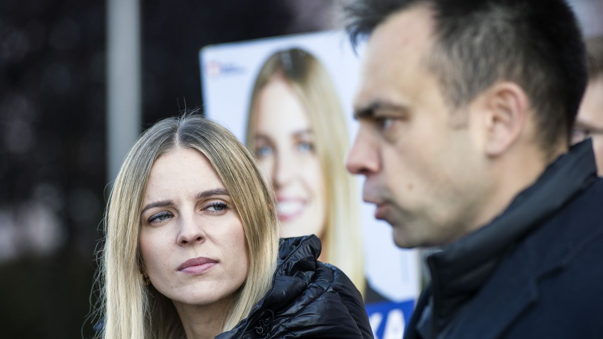 WARSAW, MAZOWIECKIE, POLAND - 2023/10/10: Aleksandra Gajewska and Andrzej Domanski speak during the press conference outside the Warsaw School of Economics. Outside the Warsaw School of Economics, a press conference was held of the two candidates for MP of the Civic Platform - Civic Coalition (PO, KO) in the upcoming parliamentary election (October 15), Aleksandra Gajewska and Andrzej Domanski. The topic of the press conference was the election proposals of the Civic Coalition for students and young voters. After the conference, A. Gajewska and A. Domanski encouraged students and passers-by to participate in the parliamentary elections. (Photo by Attila Husejnow/SOPA Images/LightRocket via Getty Images)