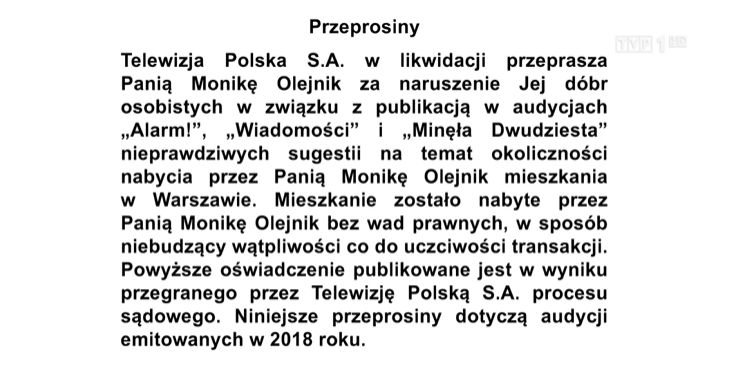 Przeprosiny TVP dla Moniki Olejnik