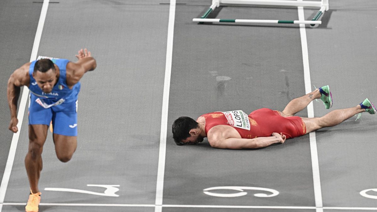 upadek Enrique Llopisa w finale biegu na 60 m przez płotki podczas HME w Stambule