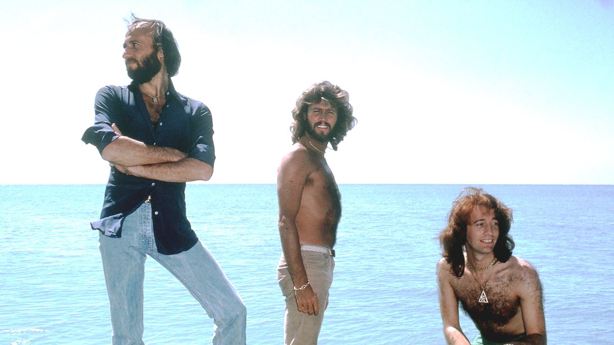 The Bee Gees (Barry, Maurice and Robin Gibb) pose on rocks overlooking the ocean in Florida in 1979. (Photo by Bonnie Schiffman/Getty Images)