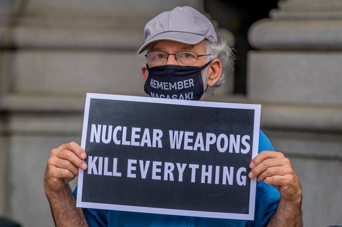 MANHATTAN, NEW YORK, UNITED STATES - 2020/08/06: Participant holding a sign during the rally. Members of the New York Campaign to Abolish Nuclear weapons (NYCAN) gathered outside the David N. Dinkins Municipal Building in Manhattan on the 75th anniversary of the bombing of the city of Hiroshima, to give notice to the New York City Council that it is time to bring Resolution 976 and INT 1621, known as the Nuclear Disarmament Legislation to the floor for a vote at the next Stated Meeting. (Photo by Erik McGregor/LightRocket via Getty Images)