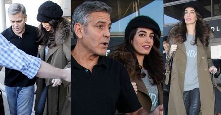 Ciężarna Amal Clooney z mężem na lotnisku (ZDJĘCIA)