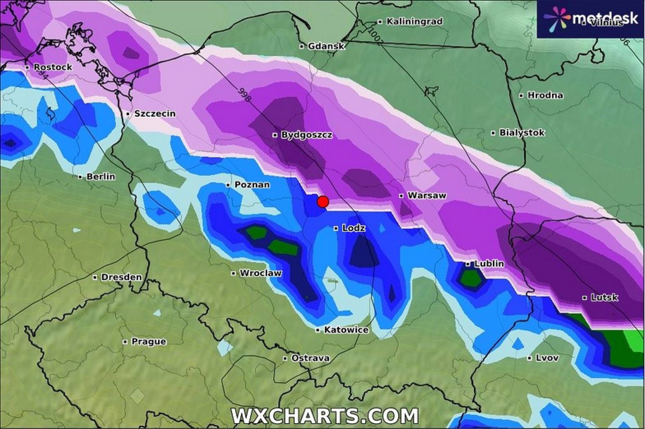 Prognoza pogody w Polsce, 9 lutego wg serwisu WXCHARTS