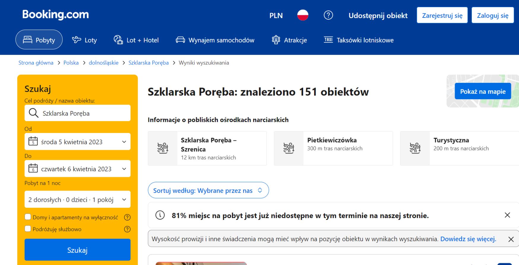 W Szklarskiej Porębie zajętych jest 81 proc. miejsc noclegowych