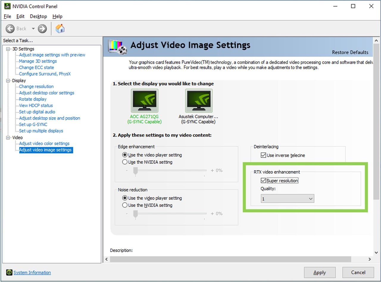 Nvidia Control Panel. Funkcja Nvidia RTX Video Super Resolution.