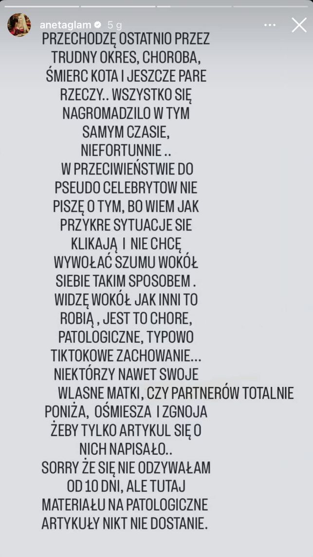 Aneta Glam tłumaczy swoją nieobecność w mediach