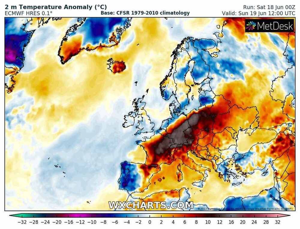 Mapa upałów w Europie. Nad Polską niemal czarno