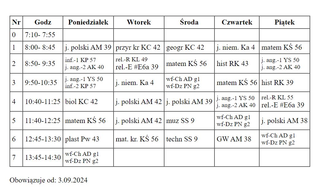 Plan lekcji - szkoła podstawowa we Wrocławiu