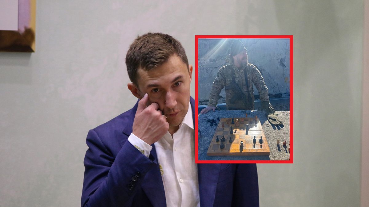 Siergiej Karjakin, w ramce jego zdjęcie podczas gry w szachy w Awdijiwce