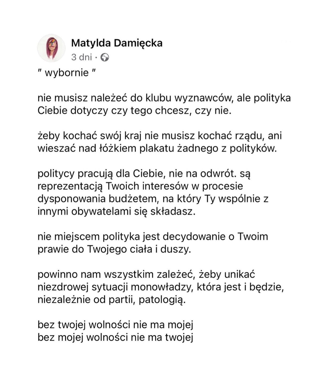 Matylda Damięcka komentuje wybory