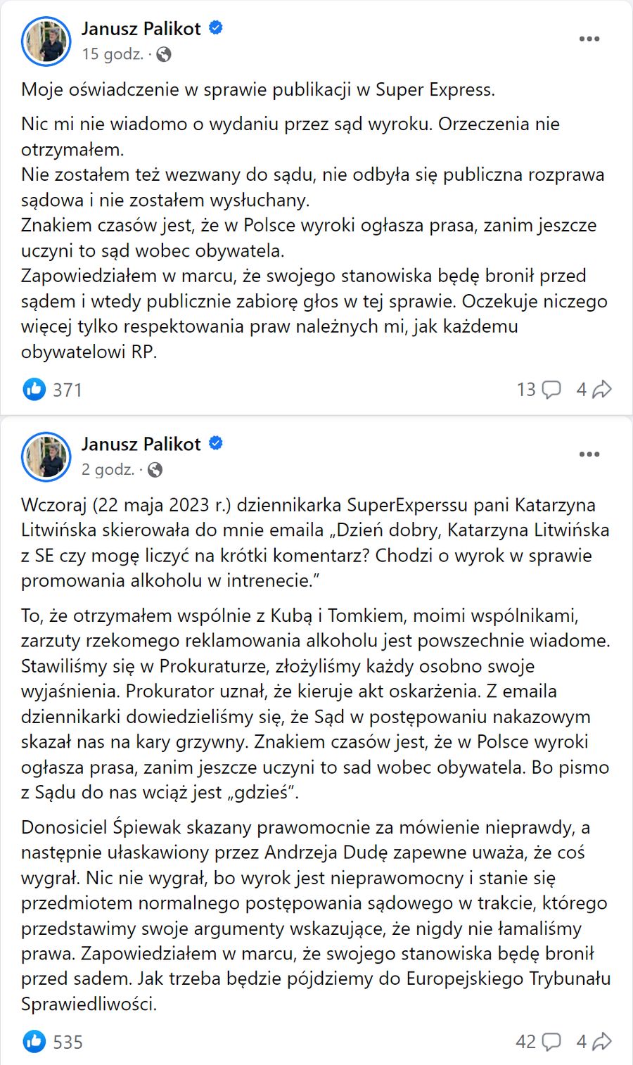 Oświadczenie Janusza Palikota w sprawie wyroku dot. reklamowania alkoholu
