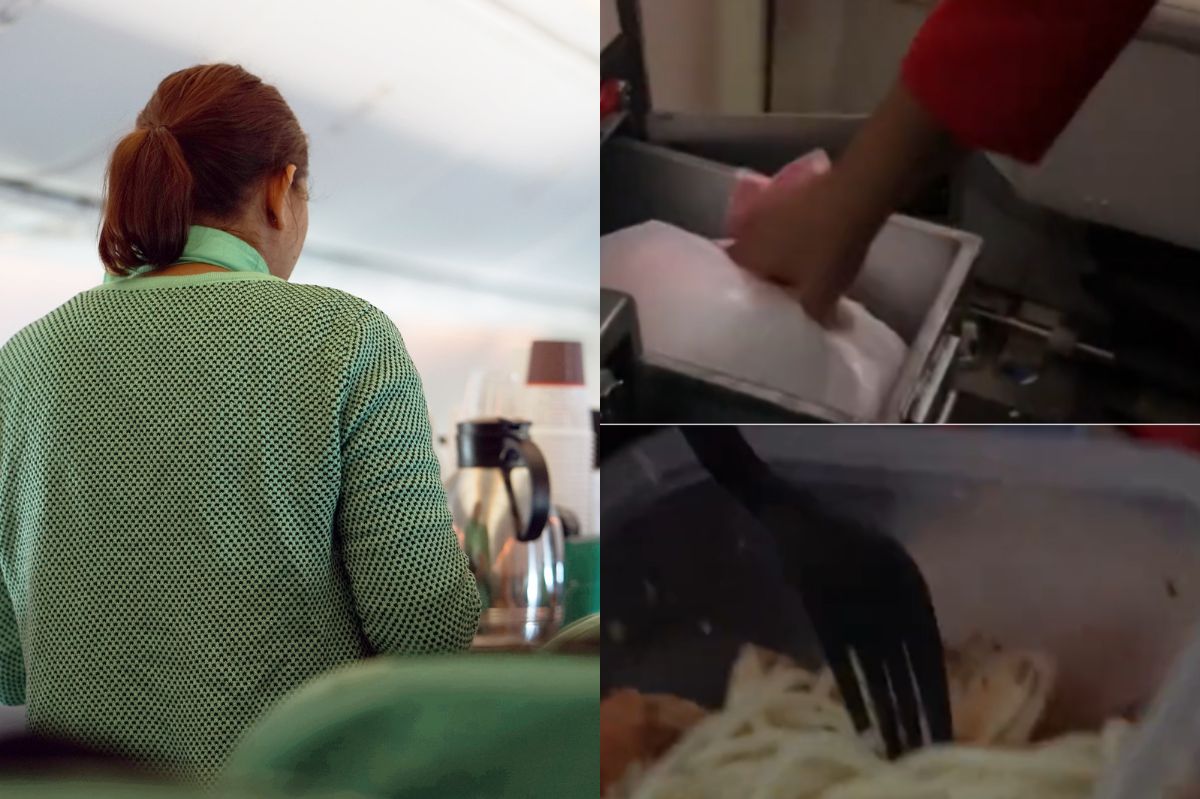 The stewardess showed how to heat up food in the onboard kitchen.
