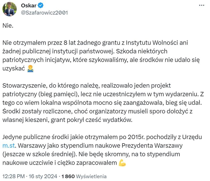 Komentarz Oskara Szafarowicza na portalu X